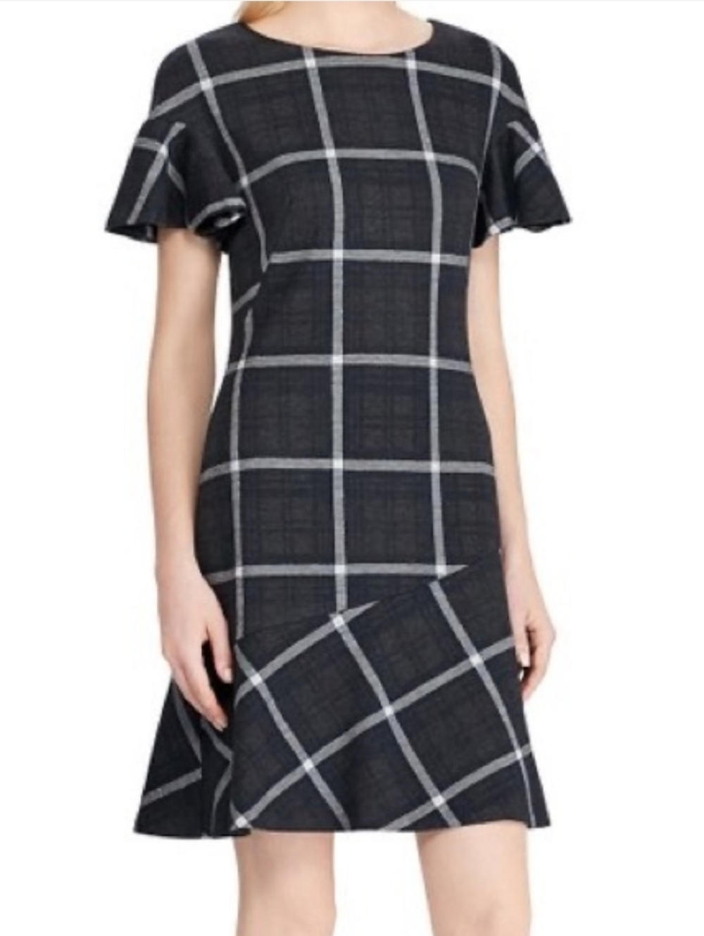 Ralph Lauren Black Plaid Ruffle-Sleeve Midi Dress, Size 14